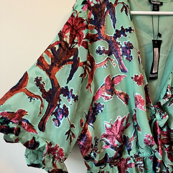 Boohoo Mint Green Floral jumper velvet embossed pattern birds - Picture 3 of 13